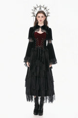 Black Keyhole Mandarin Collar Long Flare Sleeves Velvet Splice Lace Women's Gothic Shrug - Product - 5