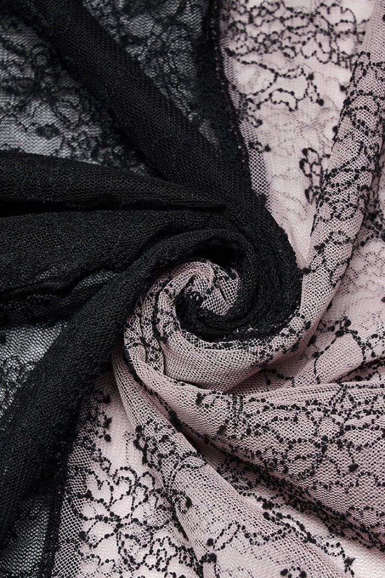 Pink/Black Gothic Lace Stitching Simple Sexy Style Thin See Through Horn Long Sleeved Women's T-Shirt - Product - 6