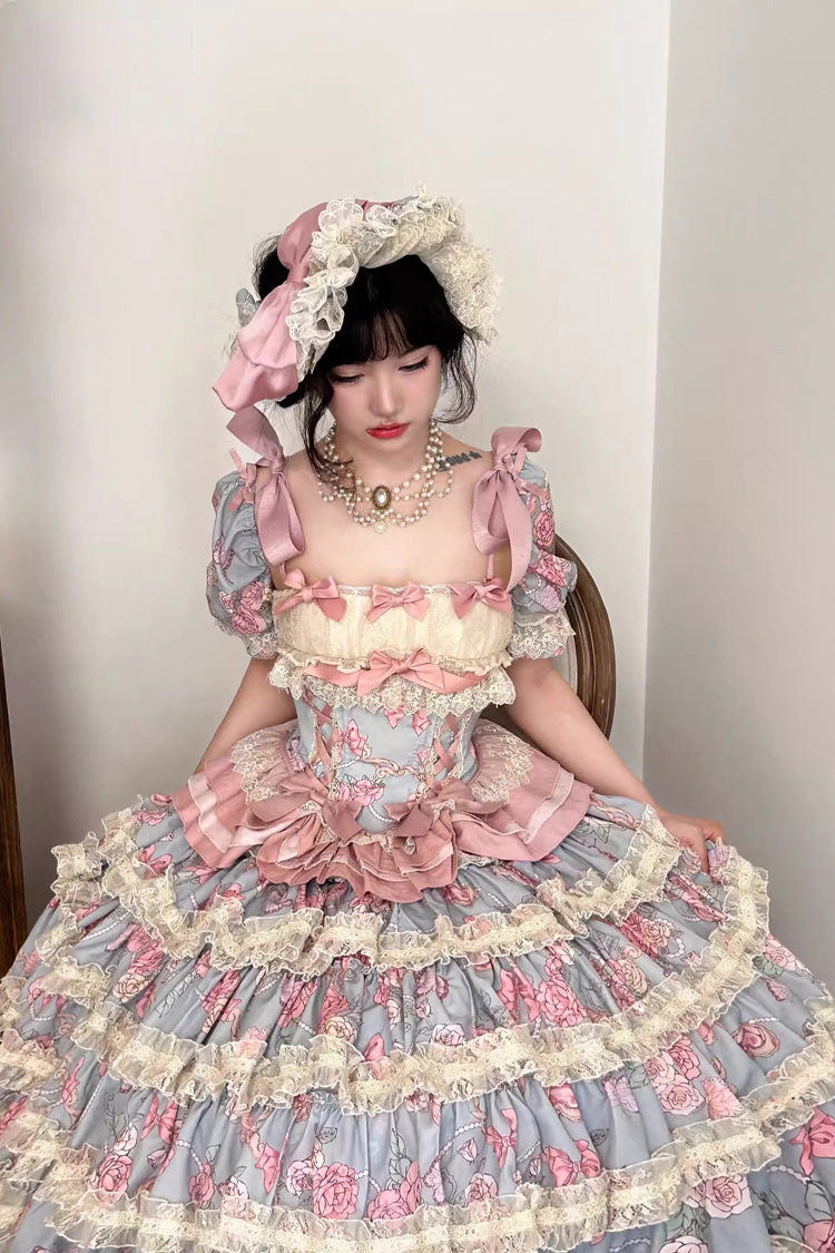 Blue/Pink [Gem Rose] Multi-Layered Ruffle Bowknot Lace Sweet Princess Lolita Skirt 2 Versions - Product - 3
