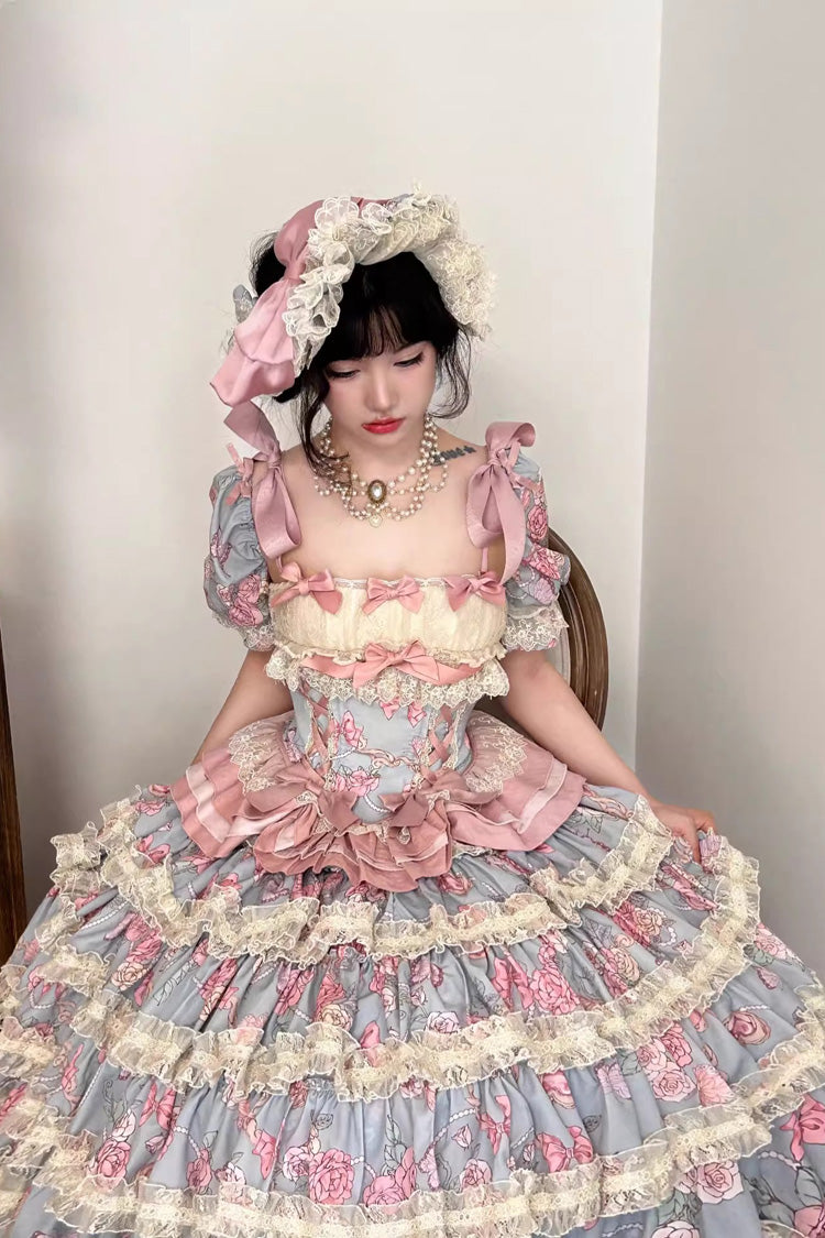 Blue/Pink [Gem Rose] Multi-Layered Ruffle Bowknot Lace Sweet Princess Lolita Skirt 2 Versions - Product - 3