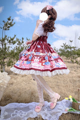 Wine Red Doll Playground Print Ruffle Bowknot Sweet Lolita Jsk Dress - Product - 5