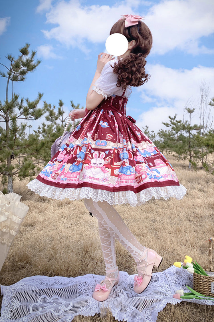 Wine Red Doll Playground Print Ruffle Bowknot Sweet Lolita Jsk Dress - Product - 5