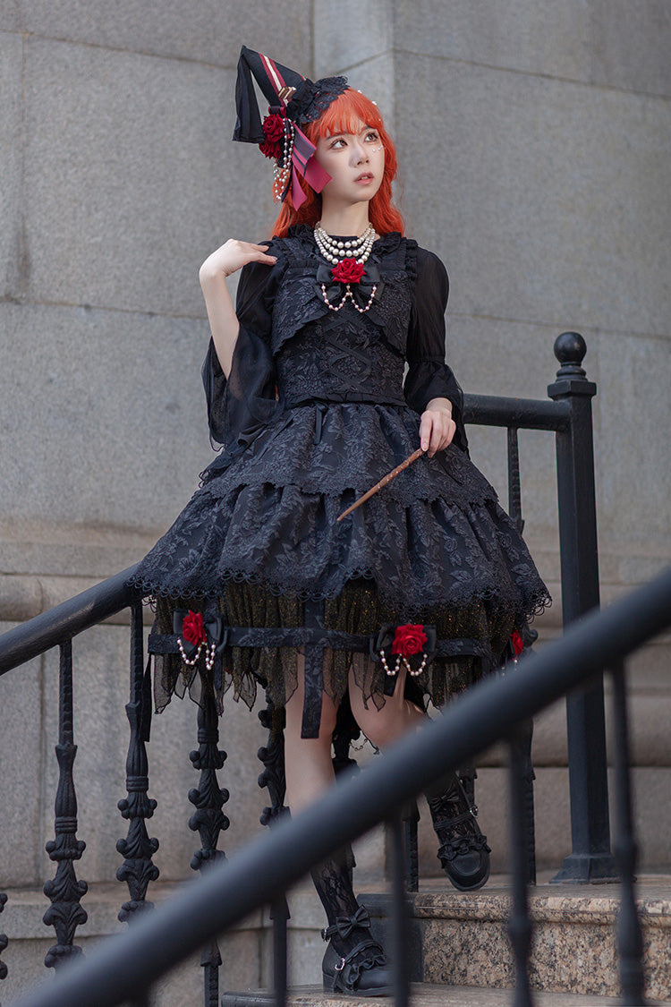 Black [Apprentice Witch] Double-Layered Ruffle Lace Gothic Lolita Skirt - Product - 2