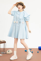 Blue Irregular Ruffled Round Collar Bubble Short Sleeves Waist With Flower Accessories High Waisted Sweet Lolita Dress - Product - 4