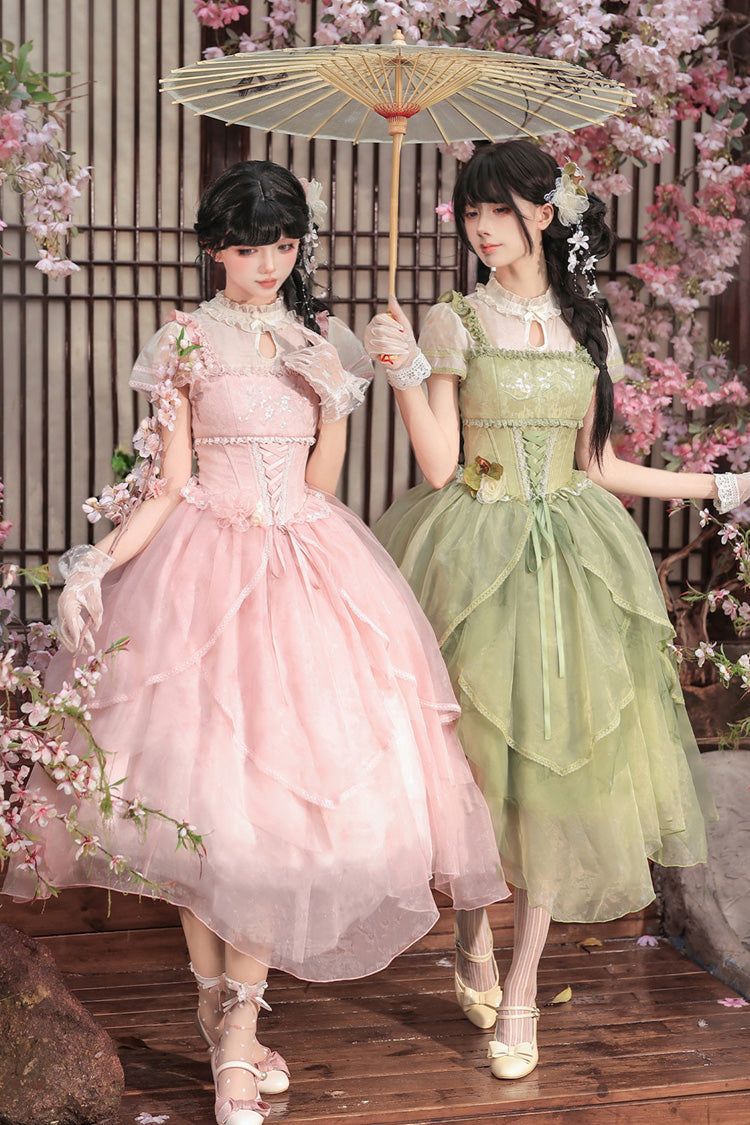 [Fragrance] Stand Collar Short Sleeves Multi-Layered Printed Ruffled Bow Lace Irregular Chinese Style Sweet Lolita Dress 2 Colors (Green, Pink) - Product - 3