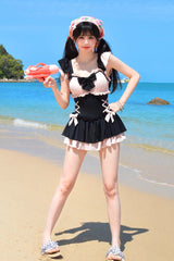 Black/Pink Ruffle Bowknot Lace-Up Sweet Lolita One-piece Swimsuit - Product - 4