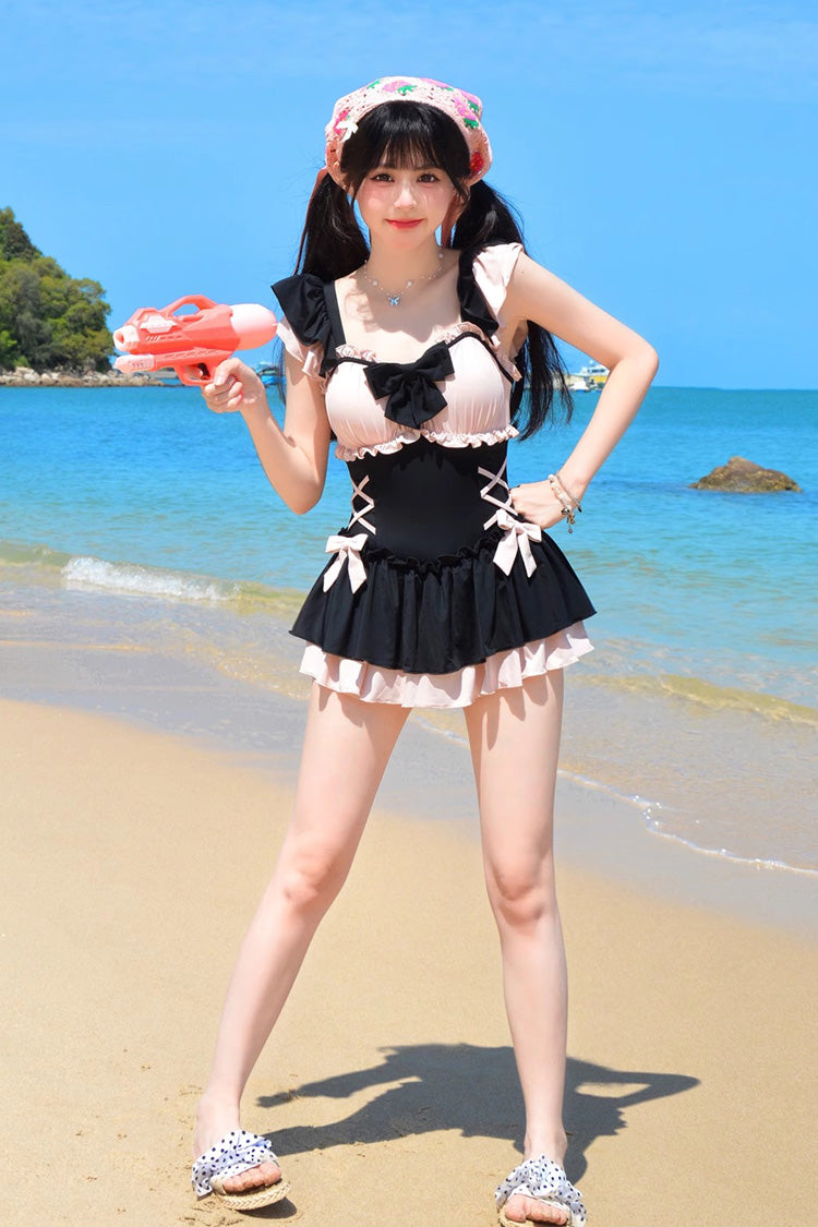 Black/Pink Ruffle Bowknot Lace-Up Sweet Lolita One-piece Swimsuit - Product - 4