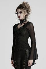 Black V Collar Embroidery Lace Lace-Up Women's Gothic Blouse - Product - 2