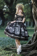 Black [Castle Feast] Print Ruffle Bowknot Gothic Princess Lolita Jsk Dress - Product - 6