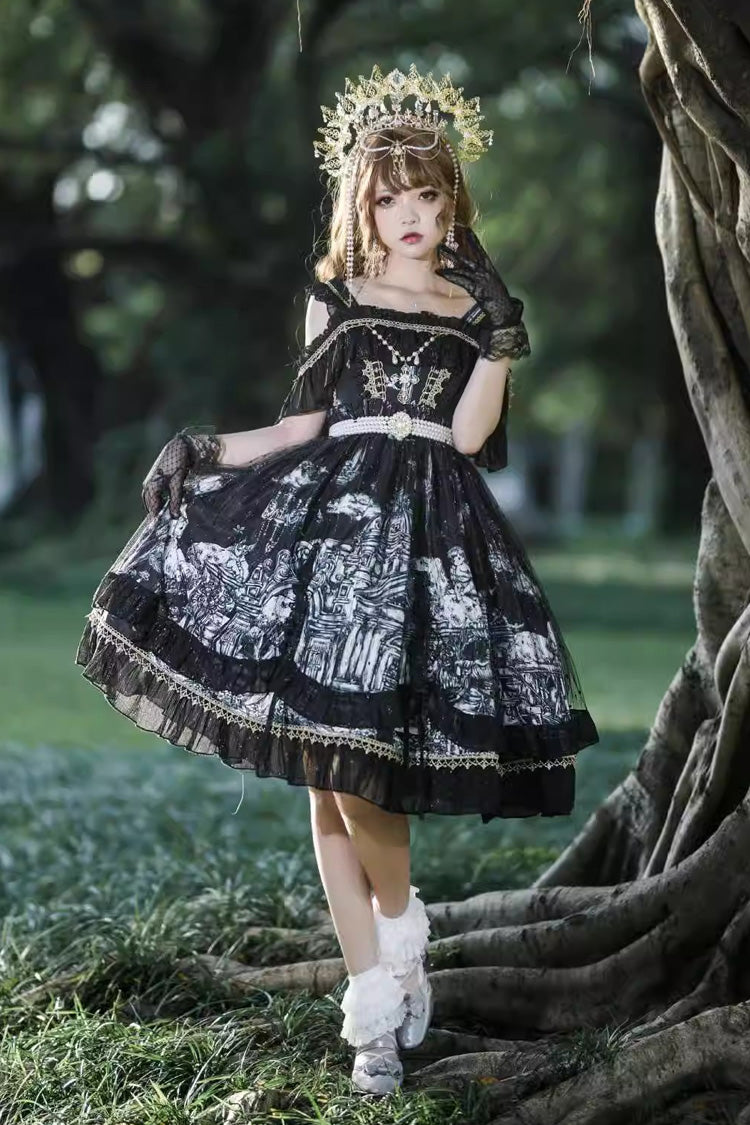 Black [Castle Feast] Print Ruffle Bowknot Gothic Princess Lolita Jsk Dress - Product - 6
