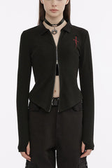 Black Cross Sword Embroidery Slim Metal Zipper Women's Punk Jacket - Black - 1