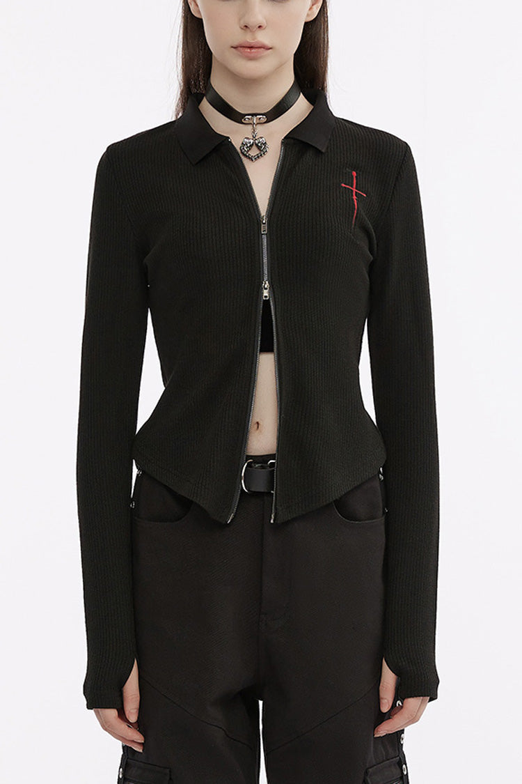 Black Cross Sword Embroidery Slim Metal Zipper Women's Punk Jacket - Black - 1