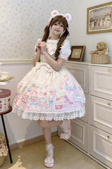 Yellow [Cute Rabbit Sweet Cake] Print Ruffle Bowknot Lace Sweet Lolita Jsk Dress - Product - 4