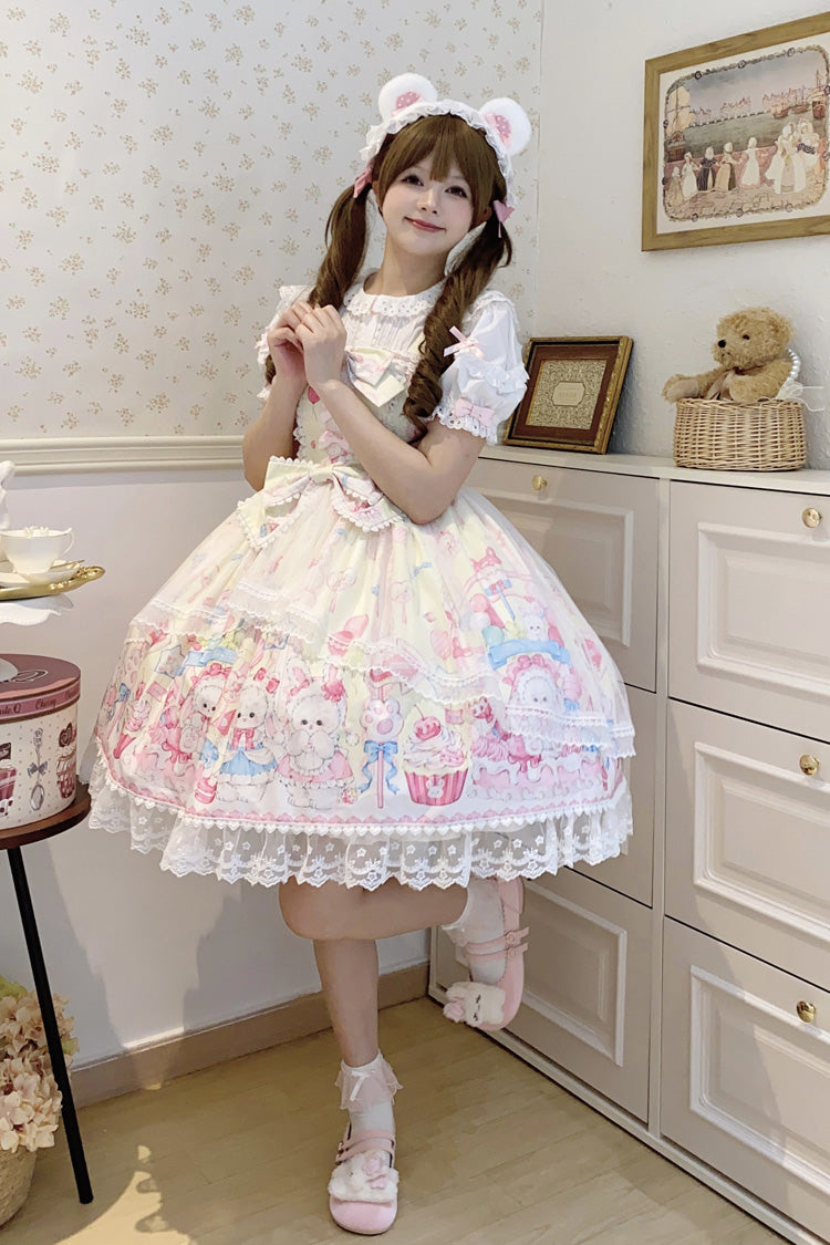 Yellow [Cute Rabbit Sweet Cake] Print Ruffle Bowknot Lace Sweet Lolita Jsk Dress - Product - 4