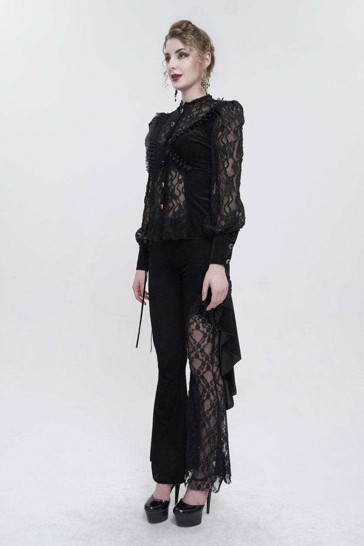 Black Velvet High Neck Lace Fake Bra Design Splicing Three-Dimensional Butterfly Mesh Women's Gothic Shirt - Product - 6