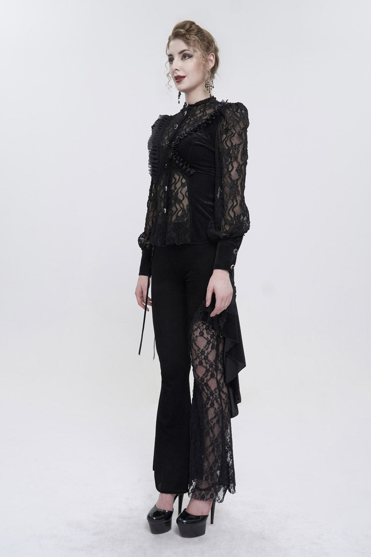 Black Velvet High Neck Lace Fake Bra Design Splicing Three-Dimensional Butterfly Mesh Women's Gothic Shirt - Product - 6