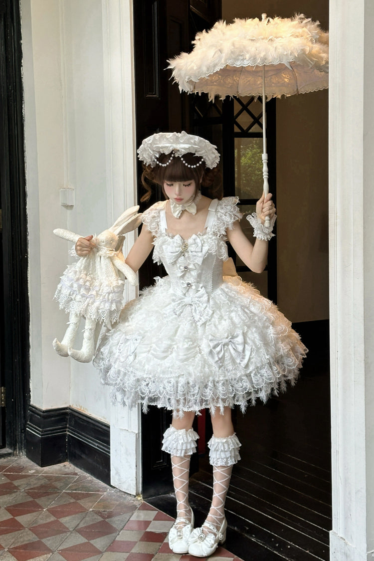 White [Cloudborne Snowfeather] Sleeveless Multi-Layered Hanayome Bowknot Pearl Gothic Lolita Jsk Dress - Product - 7