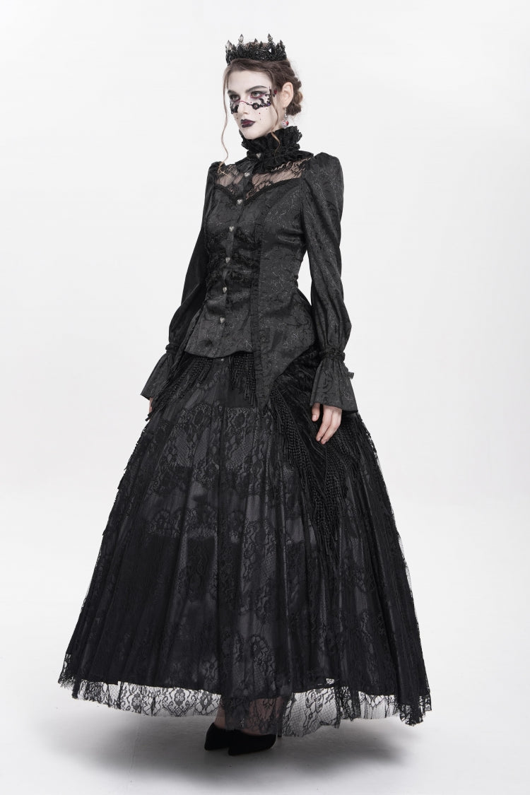 Black Stand Collar Long Sleeves Jacquard Hollow Lace Women's Gothic Blouse - Product - 8