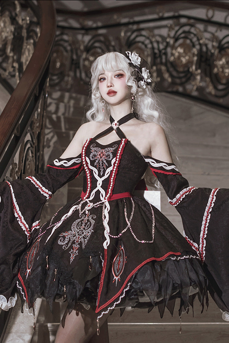Black [Phantom Devourer] Off Shoulder Long Hime Sleeves Print Embroidery Gothic Lolita Dress - Product - 4