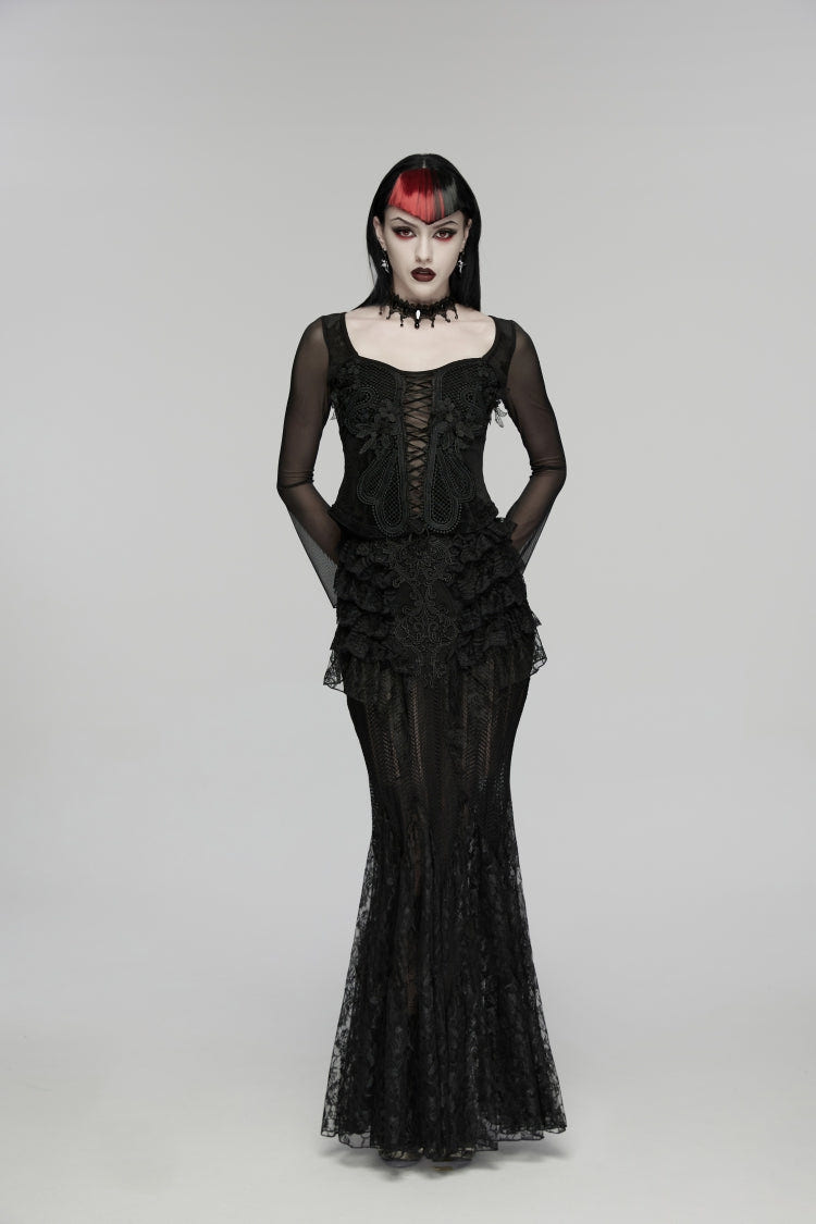 Black Embroidered Spliced Ruffled Lace Slim Mesh Women's Gothic  Mermaid Skirt - Product - 2