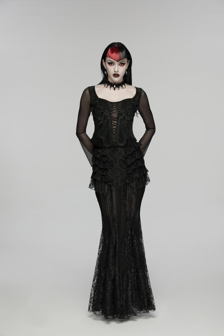 Black Embroidered Spliced Ruffled Lace Slim Mesh Women's Gothic  Mermaid Skirt - Product - 2