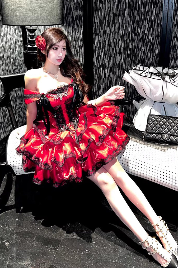 Red [Love Poems of the Heart] Sleeveless Triple-Layered Ruffled Lace Lace-Up Sweet Lolita Jsk Dress - Product - 17