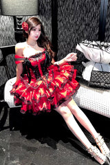 Red [Love Poems of the Heart] Sleeveless Triple-Layered Ruffled Lace Lace-Up Sweet Lolita Jsk Dress - Product - 17