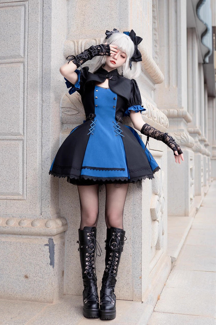 Black/Blue [Night Liana] Ruffle Bowknot Lace-Up Sweet Japanese Lolita Jumper Dress Set - Product - 2