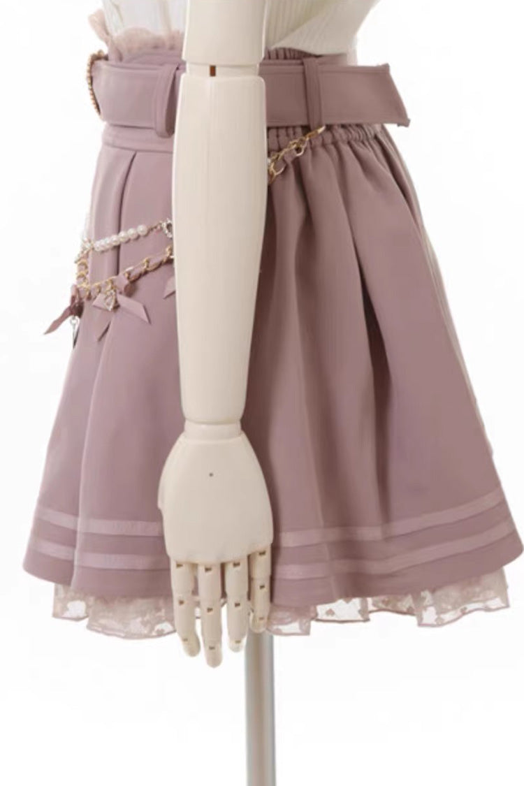 Sweet Heart Belt Printed Ruffled Bow Pearl-Decorated Chain-Decorated Plus Size Pleated Jirai Kei Skirt - Product - 9