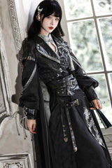 Black [Shadow Dragon Diving Into the Abyss] Long Sleeves Jacquard Embroidered Gothic Chinese Inspired Hanfu Ouji Lolita Set - Product - 4