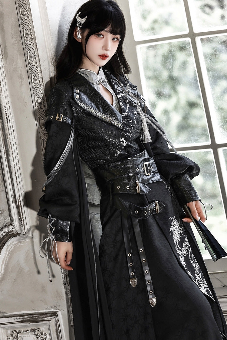 Black [Shadow Dragon Diving Into the Abyss] Long Sleeves Jacquard Embroidered Gothic Chinese Inspired Hanfu Ouji Lolita Set - Product - 4