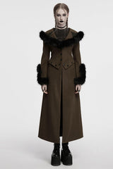 Coffee Long Sleeves Faux Fur Stitching Lace-Up Detachable Women's Gothic Coat - Coffee - 1