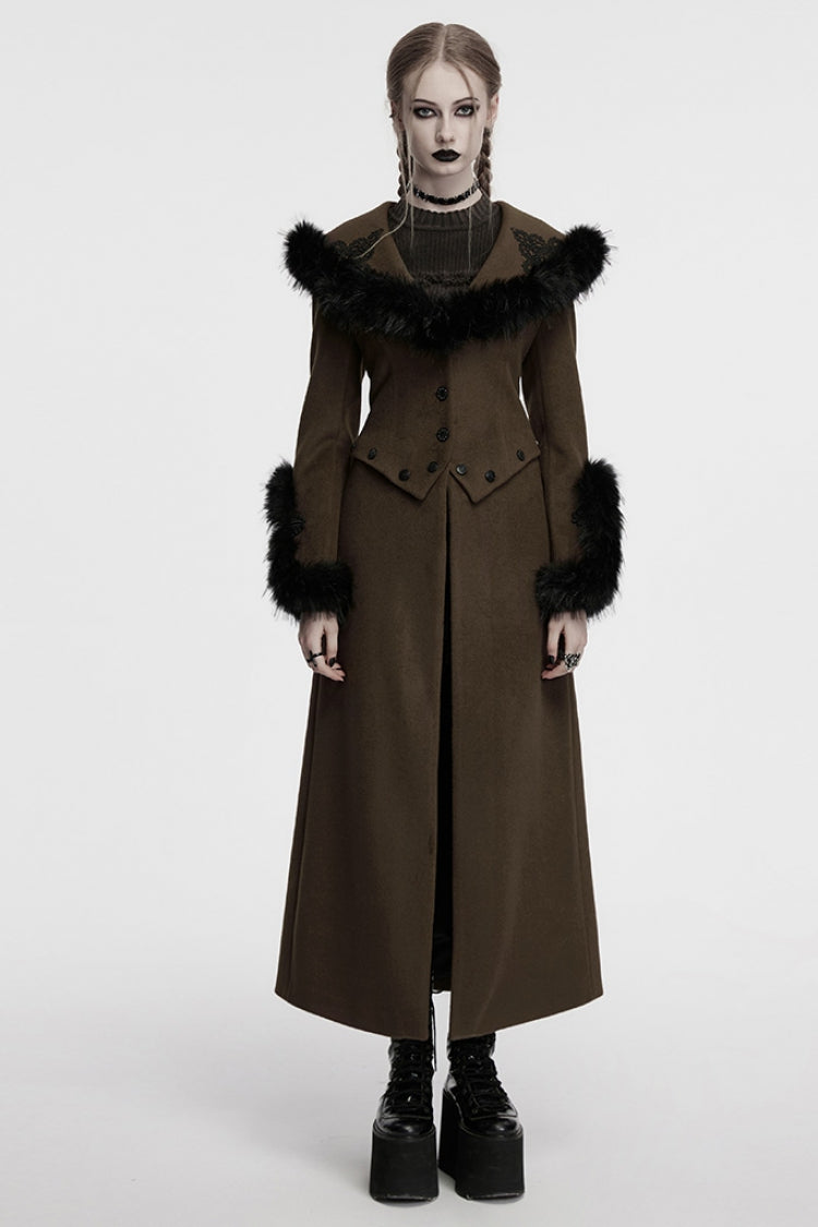 Coffee Long Sleeves Faux Fur Stitching Lace-Up Detachable Women's Gothic Coat - Coffee - 1
