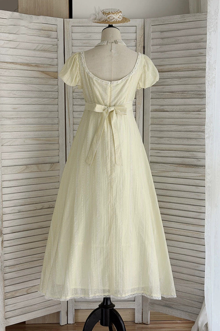 Yellow Square Collar Short Sleeves Jacquard Ruffled Lace Sweet Elegant Lolita Dress - Product - 9