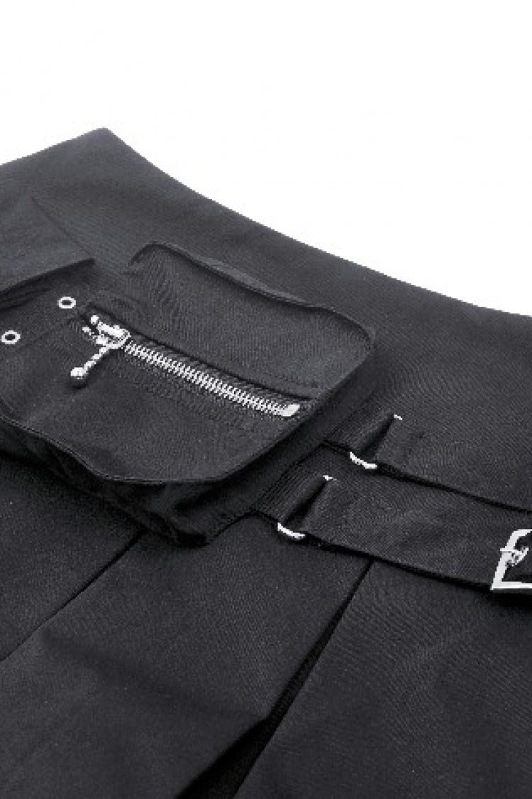 Black Women's Punk Buckled Eyelet Multi-Pockets Pleated Mini Skirt - Product - 13