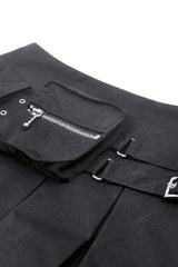 Black Women's Punk Buckled Eyelet Multi-Pockets Pleated Mini Skirt - Product - 13