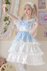 White/Blue Multi-Layer Ruffled High Waist Sweet Lolita Layered JSK Dress - Product - 2