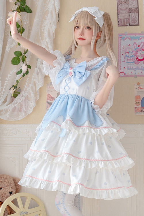 White/Blue Multi-Layer Ruffled High Waist Sweet Lolita Layered JSK Dress - Product - 2