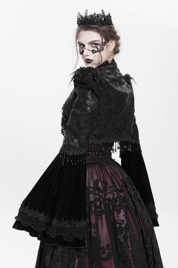 Black Long Sleeves Floral Embroidery Women's Gothic Beaded Frog Short Jacket - Product - 14