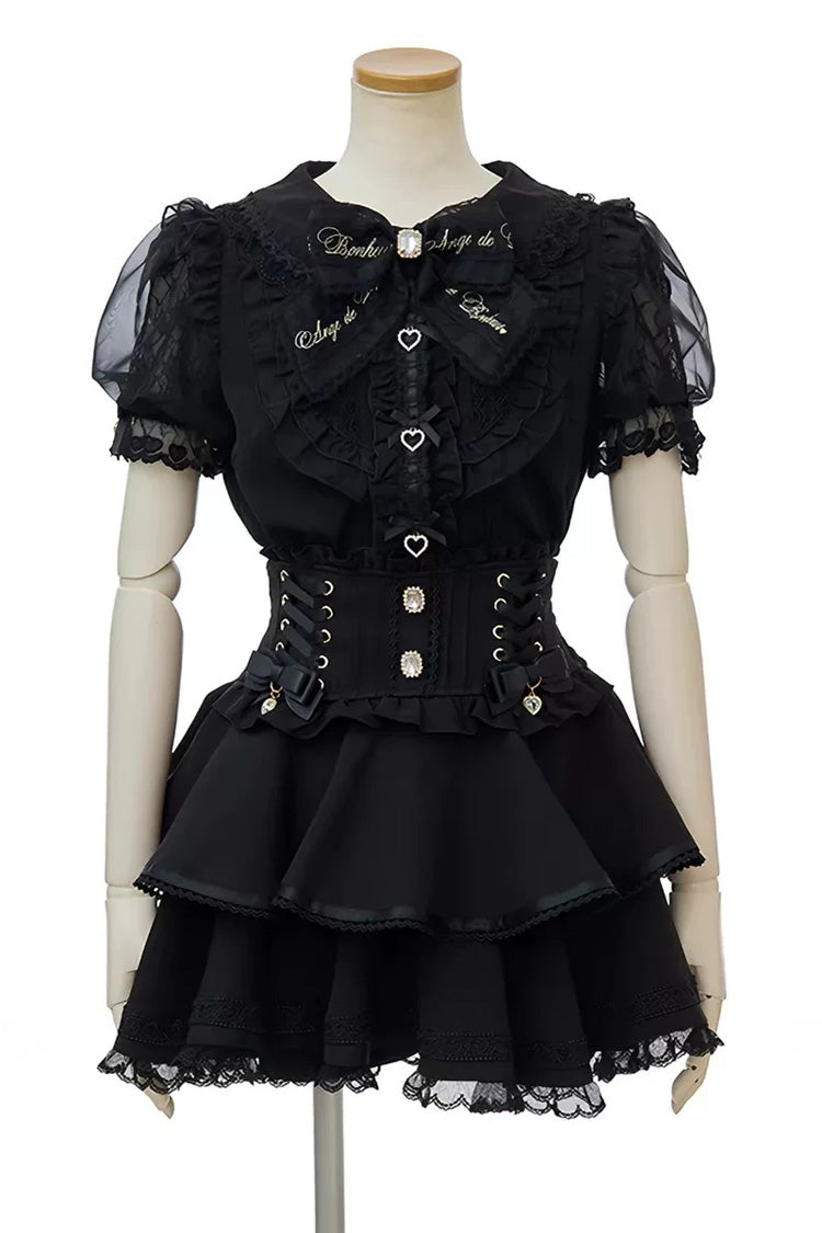 Japanese Lapel Collar Short Sleeves Ruffled Embroidered Bow Lace Plus Size Sweet Jirai Kei Skirt Set 3 Colors - Black - 4