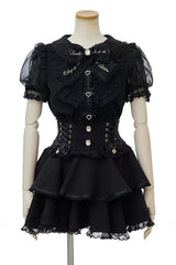 Japanese Lapel Collar Short Sleeves Ruffled Embroidered Bow Lace Plus Size Sweet Jirai Kei Skirt Set 3 Colors - Black - 4