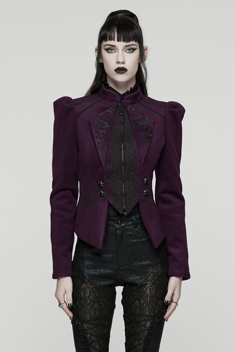 Purple Stand Collar Long Sleeves Embroidered Lace-Up Zippered Women's Gothic Jacket - Purple - 1