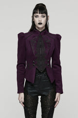Purple Stand Collar Long Sleeves Embroidered Lace-Up Zippered Women's Gothic Jacket - Purple - 1