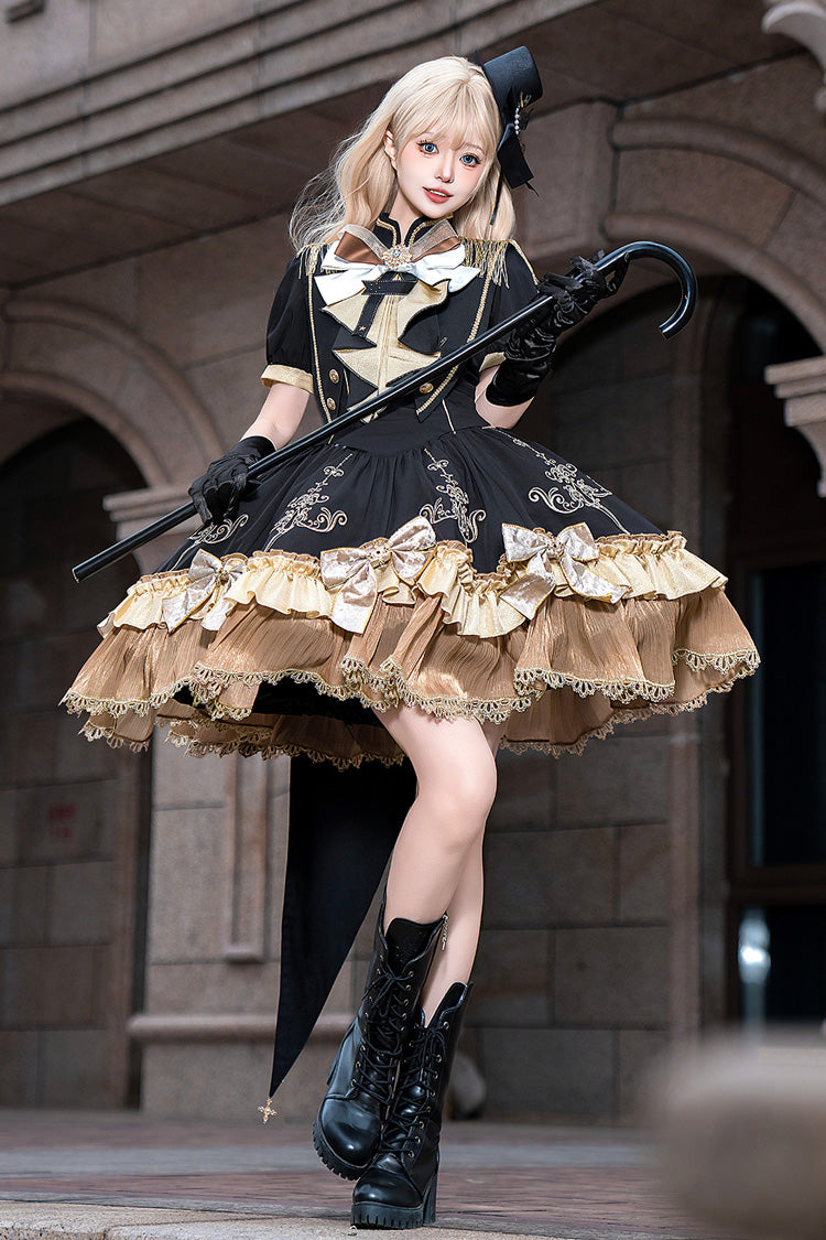 Black [Gilded Oath] Short Sleeves Double-Layered Ruffle Embroidery Bowknot Gothic Lolita Dress - Product - 17