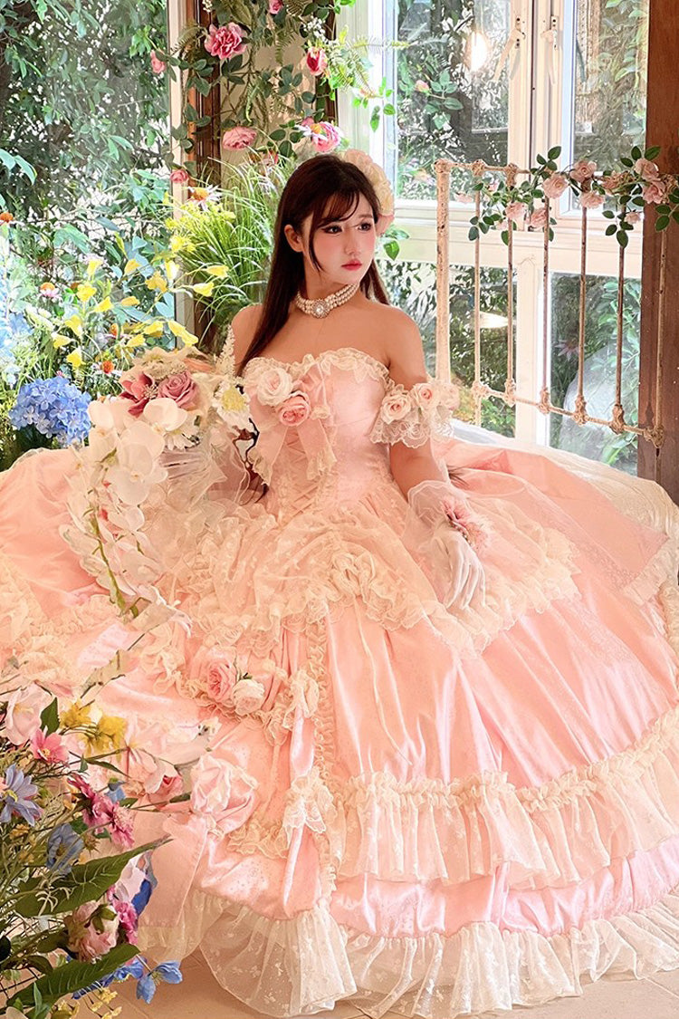 Pink [Love and Roses] Ruffle Hanayome Bowknot Lace Sweet Princess Lolita Jsk Dress - Product - 14