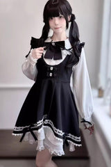 Rabbit Ears Sleeveless Ruffle Bowknot Lace Sweet Jirai Kei Strap Dress 3 Colors - Black - 4