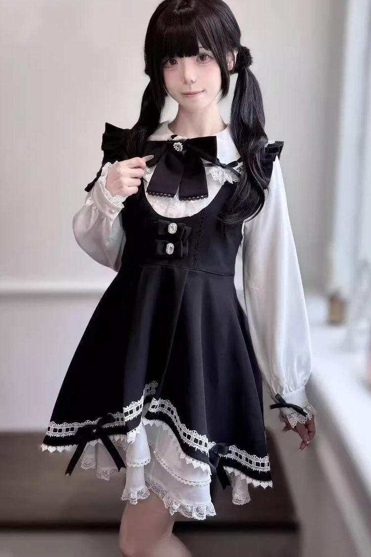 Rabbit Ears Sleeveless Ruffle Bowknot Lace Sweet Jirai Kei Strap Dress 3 Colors - Black - 4