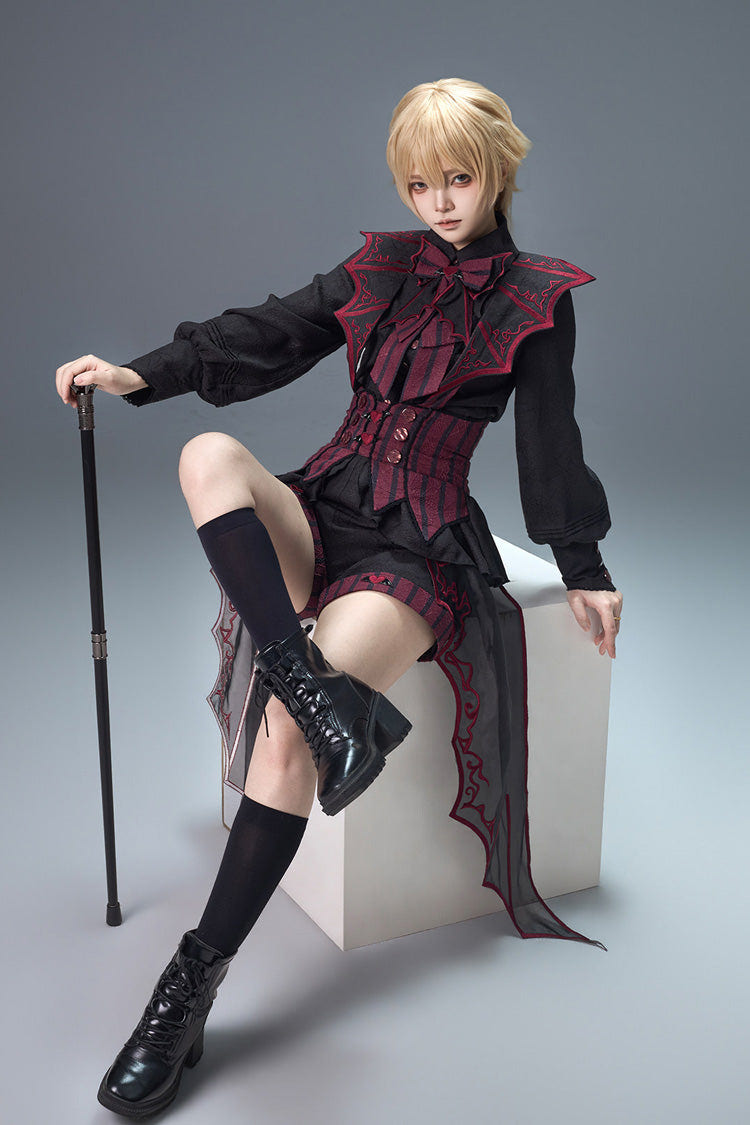 Black/Red [Demon Ritual] Stand Collar Long Lantern Sleeves Jacquard Embroidered Bow Gothic Prince Ouji Lolita Shorts Set - Product - 8