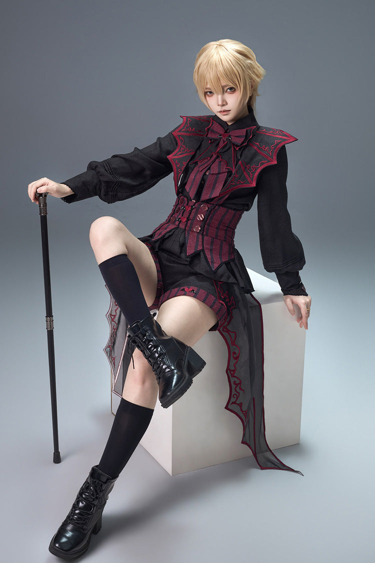Black/Red [Demon Ritual] Stand Collar Long Lantern Sleeves Jacquard Embroidered Bow Gothic Prince Ouji Lolita Shorts Set - Product - 8