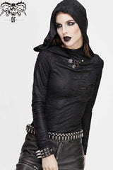 Black Hooded Snakeskin Ripped Pattern Triangle Metal Nail Asymmetrical Women's Punk Shirt - Product - 6